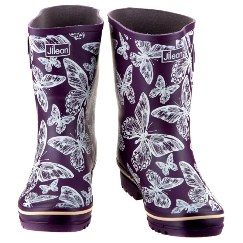 Half Height Purple Butterfly Wellies - Wide Foot and Ankle sold by Jileon