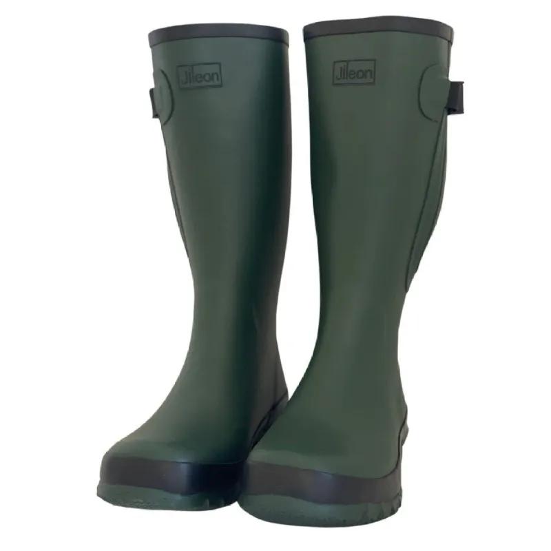 Wide Calf Wellies - Green with Black Trim - Regular Fit in Foot and Ankle - 37 to 49cm Calf sold by Jileon