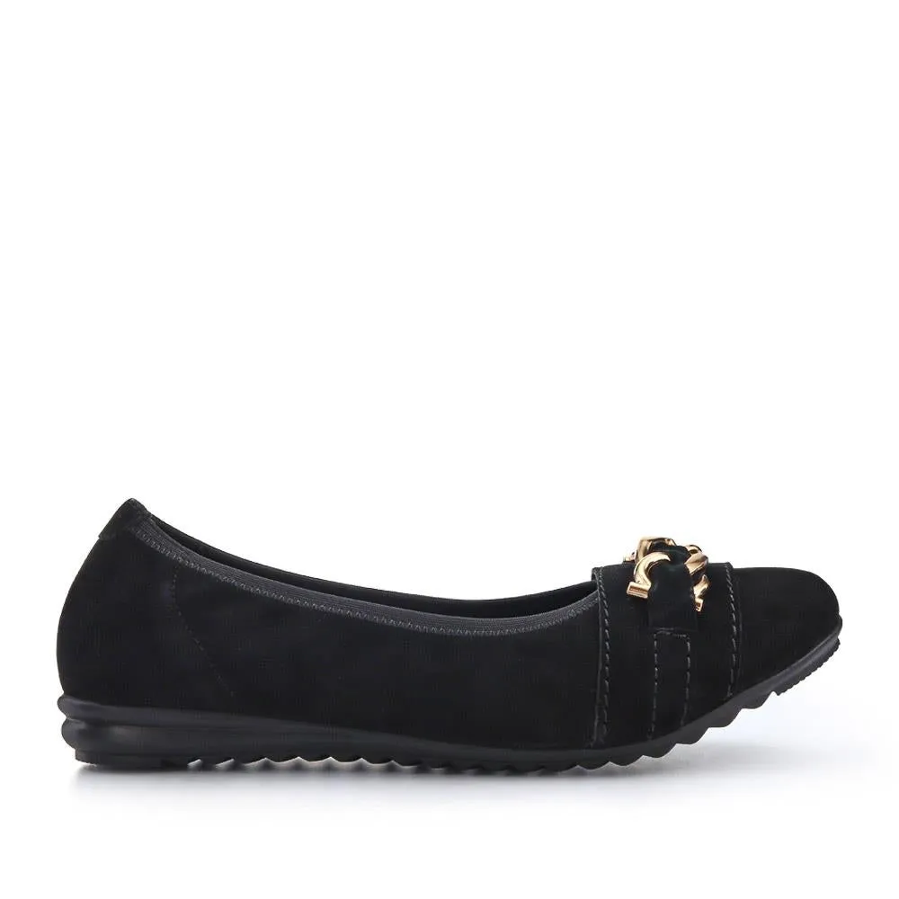 Yvette Leather Wide-Fit Ballet Pumps - YVETTE / 326 959 - Black Suede sold by Jones Bootmaker