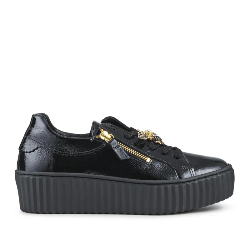 Gabor Leather Platform Trainers With Bee Brooch - GAB42506 / 327 745 - Black Patent sold by Jones Bootmaker