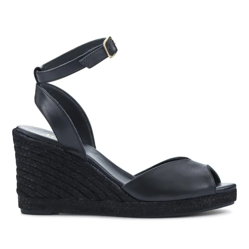Leather Wedge-Heeled Sandals - MARCHESA / 327 169 - Black Leather sold by Jones Bootmaker