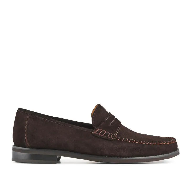 Quennell Leather Penny Loafers - QUENNELL / 326 786 - Dark Brown Suede sold by Jones Bootmaker
