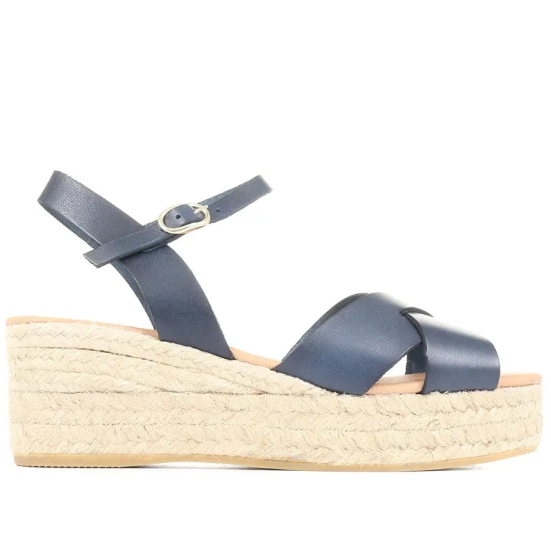 Alaina Leather Espadrille Wedges - ALAINA / 322 056 - Navy sold by Jones Bootmaker