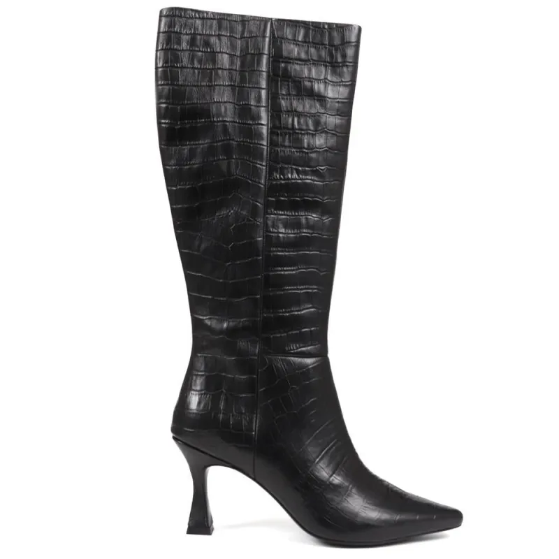 Knee-High Leather Heeled Boots - SIBILLA / 324 558 - Black Croc sold by Jones Bootmaker
