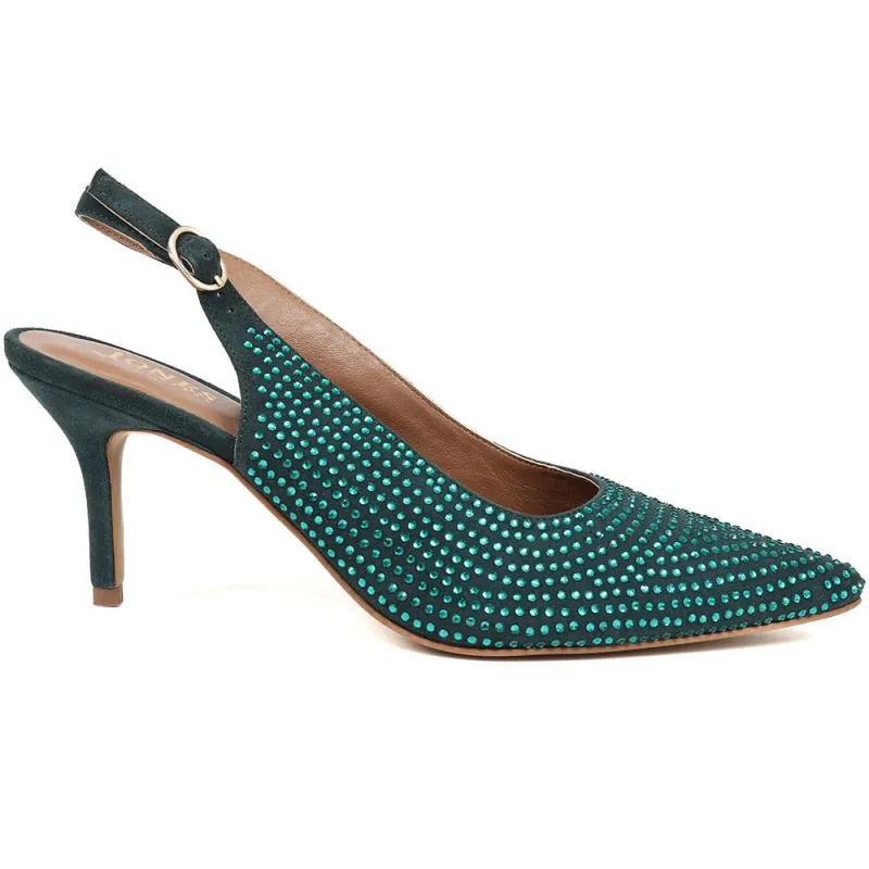 Jewelled Slingback Stiletto Heels - KAMALIA / 324 331 - Green sold by Jones Bootmaker