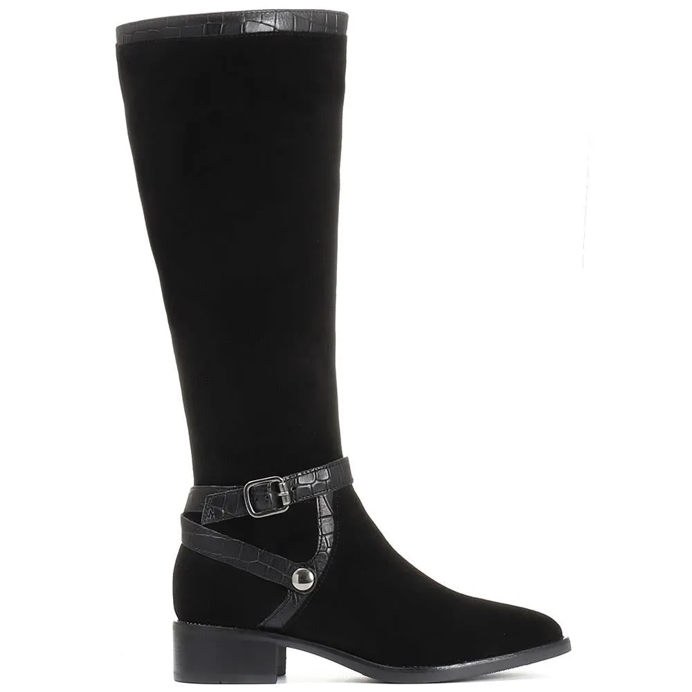 Leather Flat Pointed Riding Boot - CARM30520 / 316 579 - Black Suede sold by Jones Bootmaker