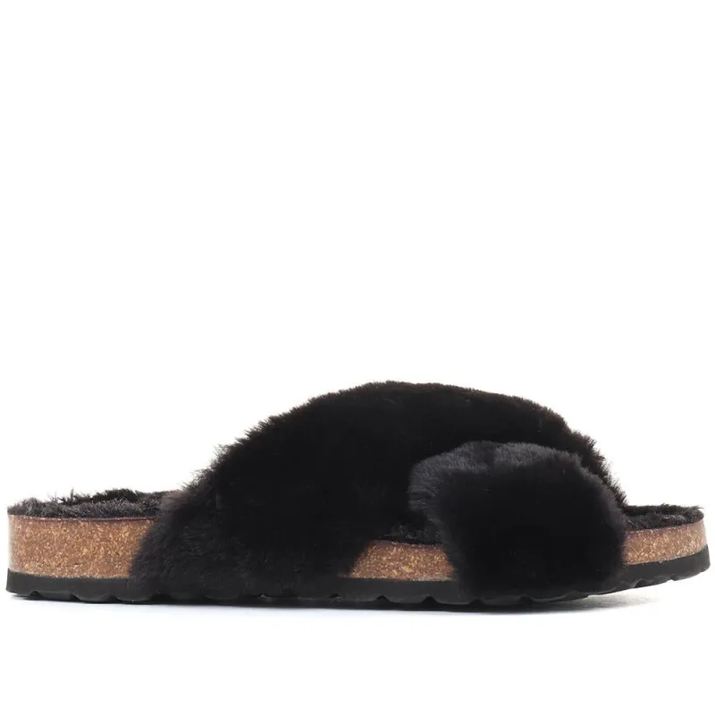 Totto Faux Fur Slider Slippers - TOTTO / 321 669 - Black sold by Jones Bootmaker