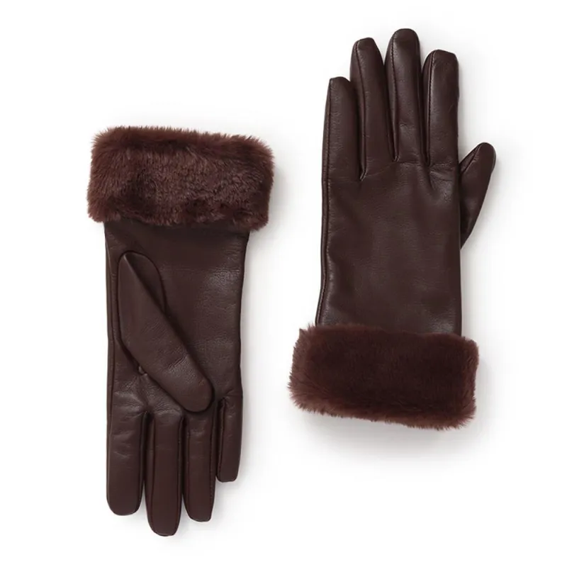 Faux Fur Cuffed Leather Gloves - VENITA / 324 771 - Brown sold by Jones Bootmaker