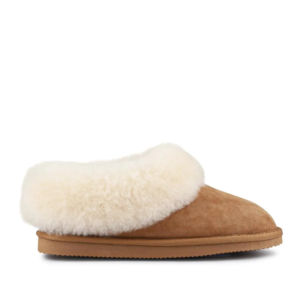 Froda Sheepskin-Lined Slippers - FRODA / 328 492 - Chestnut sold by Jones Bootmaker