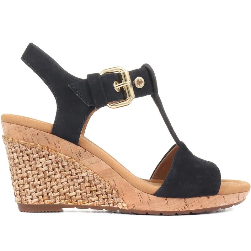 Karen Wedge T-Bar Sandals - KAREN2 - Navy sold by Jones Bootmaker