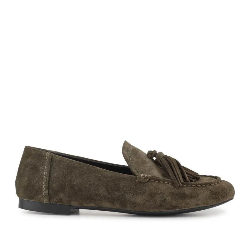 Lucee Tasselled Leather Loafers - LUCEE / 328 547 - Olive Suede sold by Jones Bootmaker