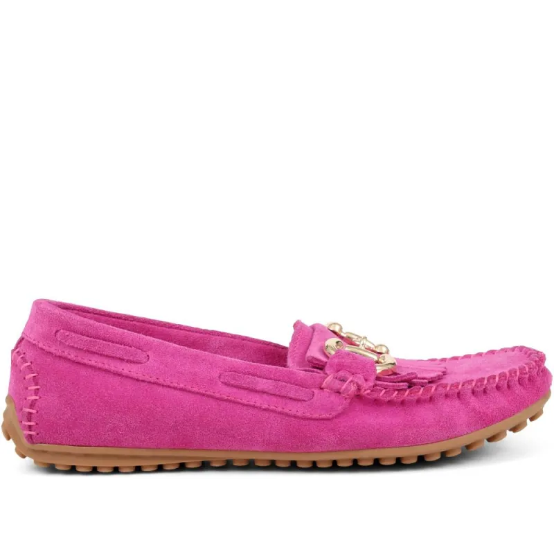 Giustina Suede Buckle Moccasins - GIUSTINA / 323 917 - Hot Pink sold by Jones Bootmaker