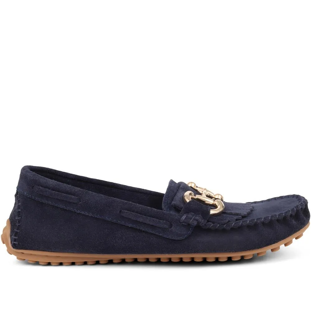 Giustina Suede Buckle Moccasins - GIUSTINA / 323 917 - Navy sold by Jones Bootmaker