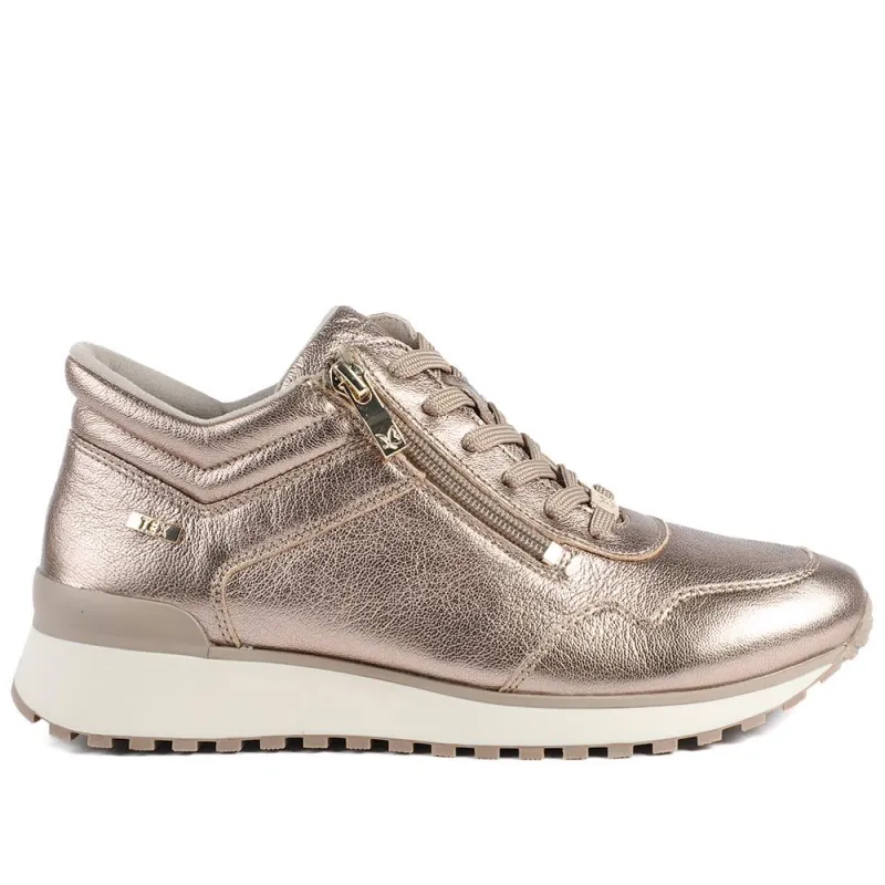 Caprice Wide Fit Zip & Lace Leather Trainers - CAPRI42511 / 328 317 - Rose Gold sold by Jones Bootmaker