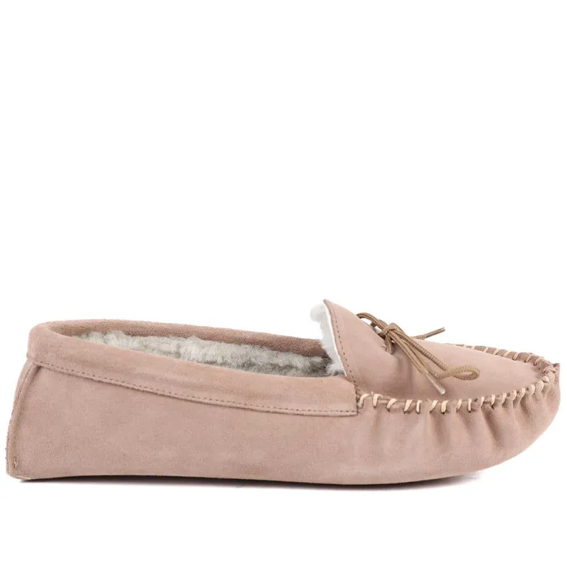 Draper Maine Moccasin Slippers - DRAPR42500 / 328 452 - Taupe Suede sold by Jones Bootmaker