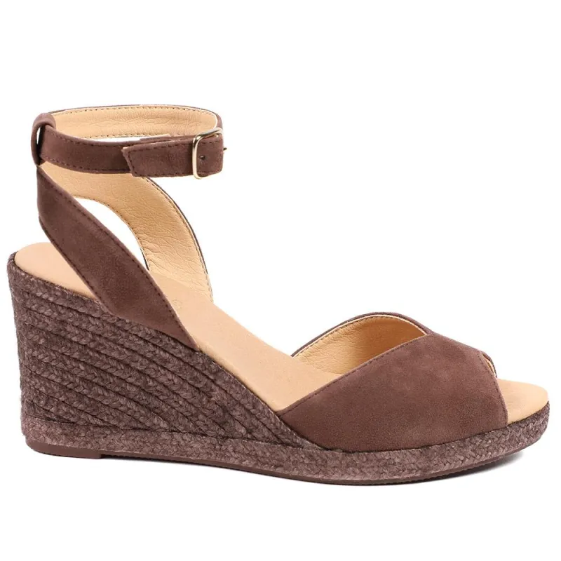 Leather Wedge-Heeled Sandals - MARCHESA / 327 169 - Chocolate Suede sold by Jones Bootmaker