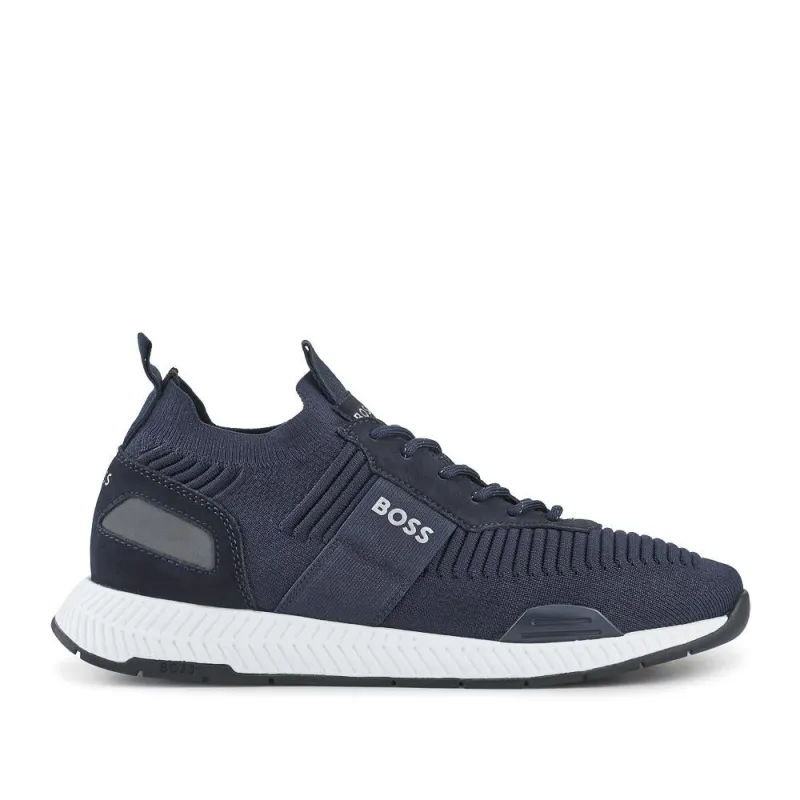 Knitted-Upper Trainers W/ Branding & Suede Trims - HUGO41502 / 327 622 - Navy sold by Jones Bootmaker