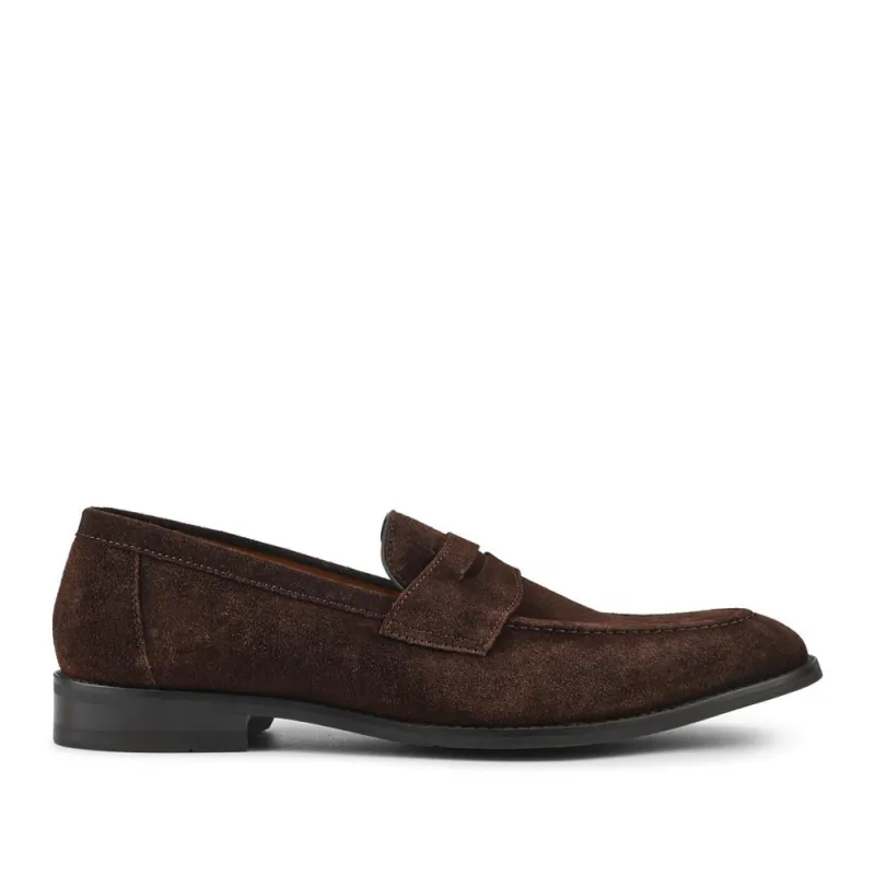 Cabrino Leather Penny Loafers - CABRINO / 328 794 - Dark Brown Suede sold by Jones Bootmaker