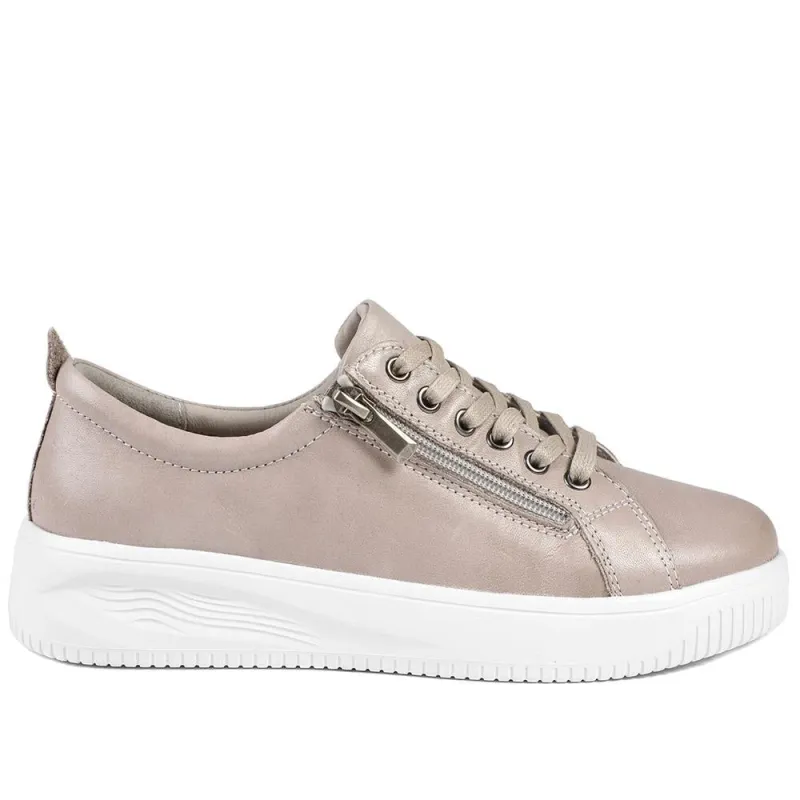 Anara Zip & Lace Leather Trainers - ANARA / 329 010 - Stone sold by Jones Bootmaker