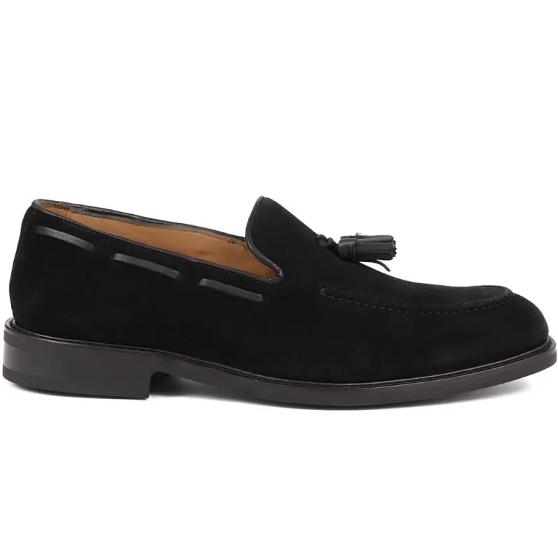 Rhett Gents Suede Tassel Loafers - RHETT / 324 381 - Black Suede made by Jones Bootmaker