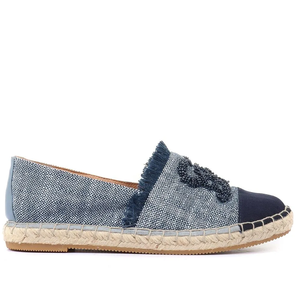 Cannes Embellished Espadrille Flats - BEL33505 / 319 915 - Navy sold by Jones Bootmaker