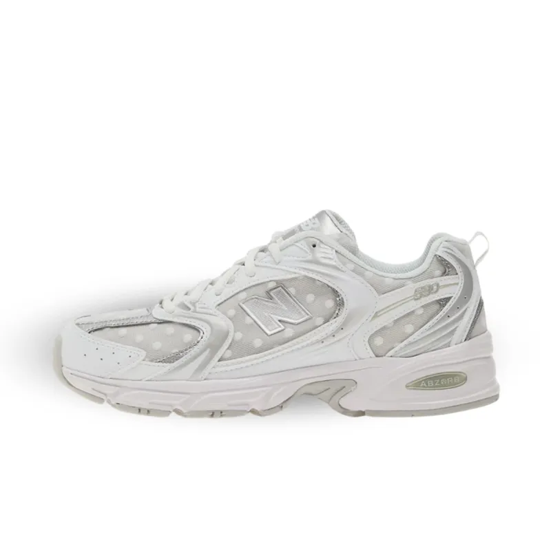 New Balance 530 Silver Metallic Raincloud Polka Dots made by New Balance