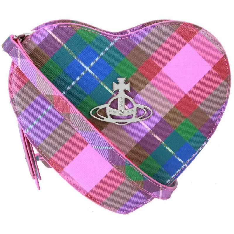 Vivienne Westwood Saffiano Print Louise Heart Crossbody Bag - Candy Tartan Pink sold by KJ Beckett