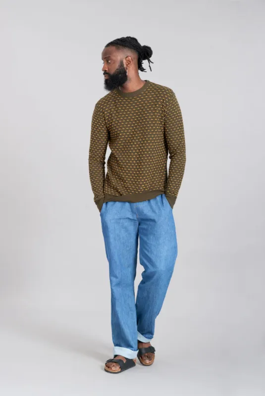 JOSHUA - Linen Trouser Mid Patchwork Blue sold by Komodo Fashion