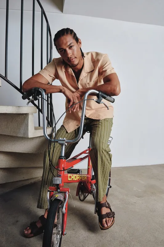 JOSHUA - Organic Cotton Trousers - Green Stripe sold by Komodo Fashion