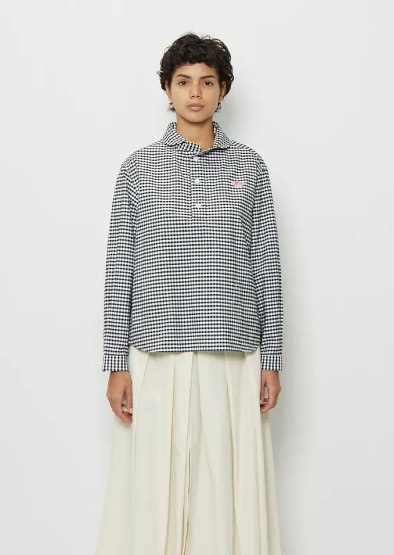 Round Collar Long Sleeve Cotton Shirt — Black Gingham sold by La Garconne