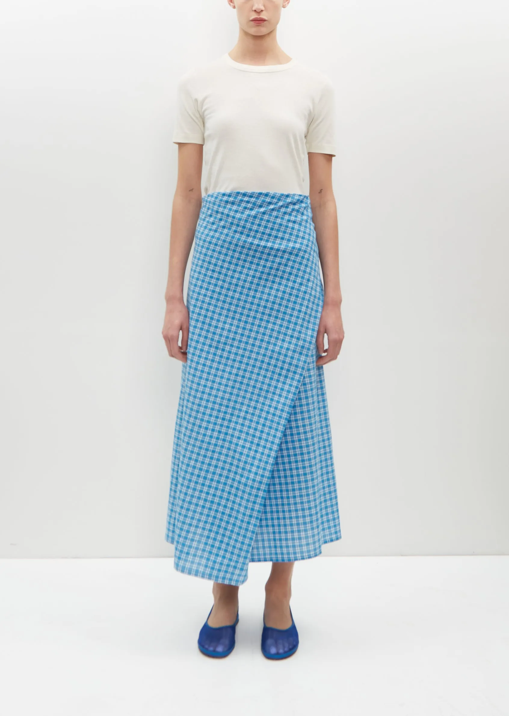Draped Wrap Skirt — Blue Plaid sold by La Garconne