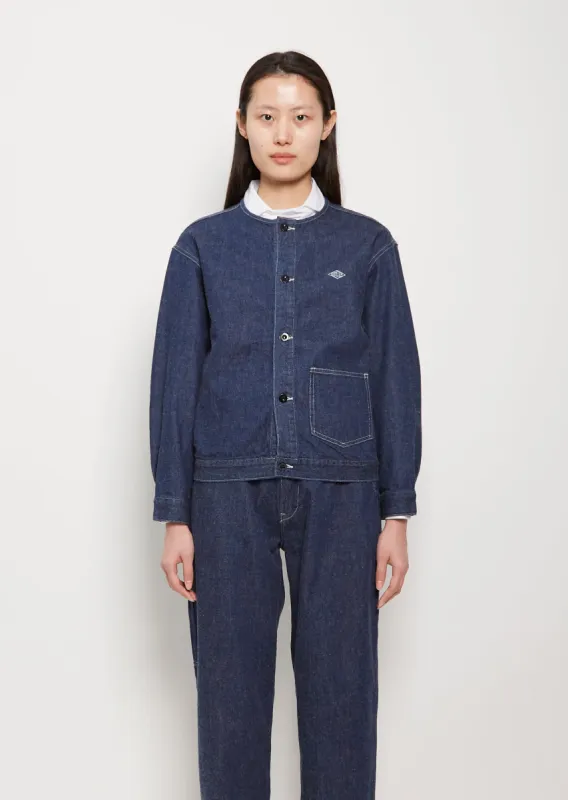 No Collar Cotton Blouson — Indigo sold by La Garconne