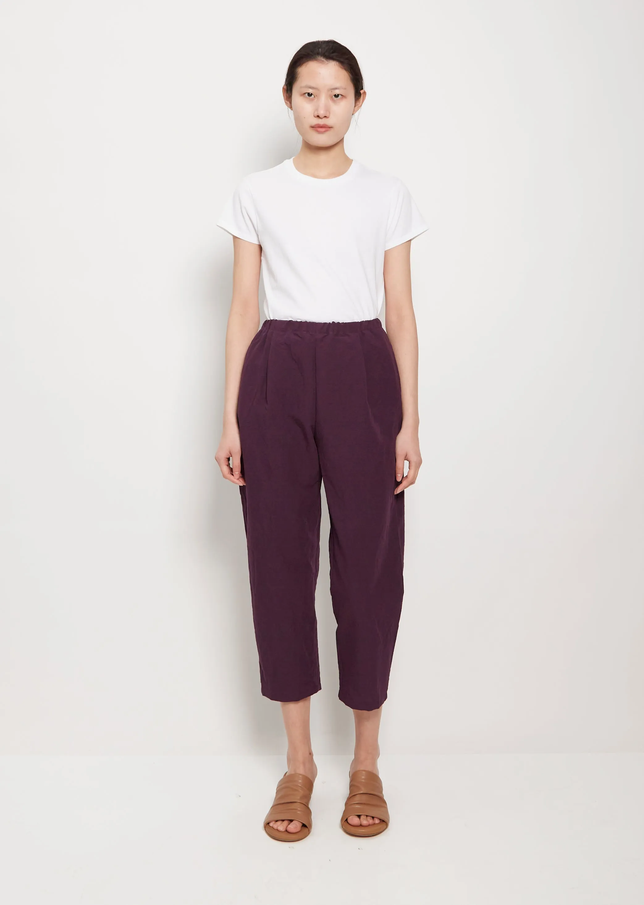 Tapered Linen Cotton Trousers — Aubergine sold by La Garconne