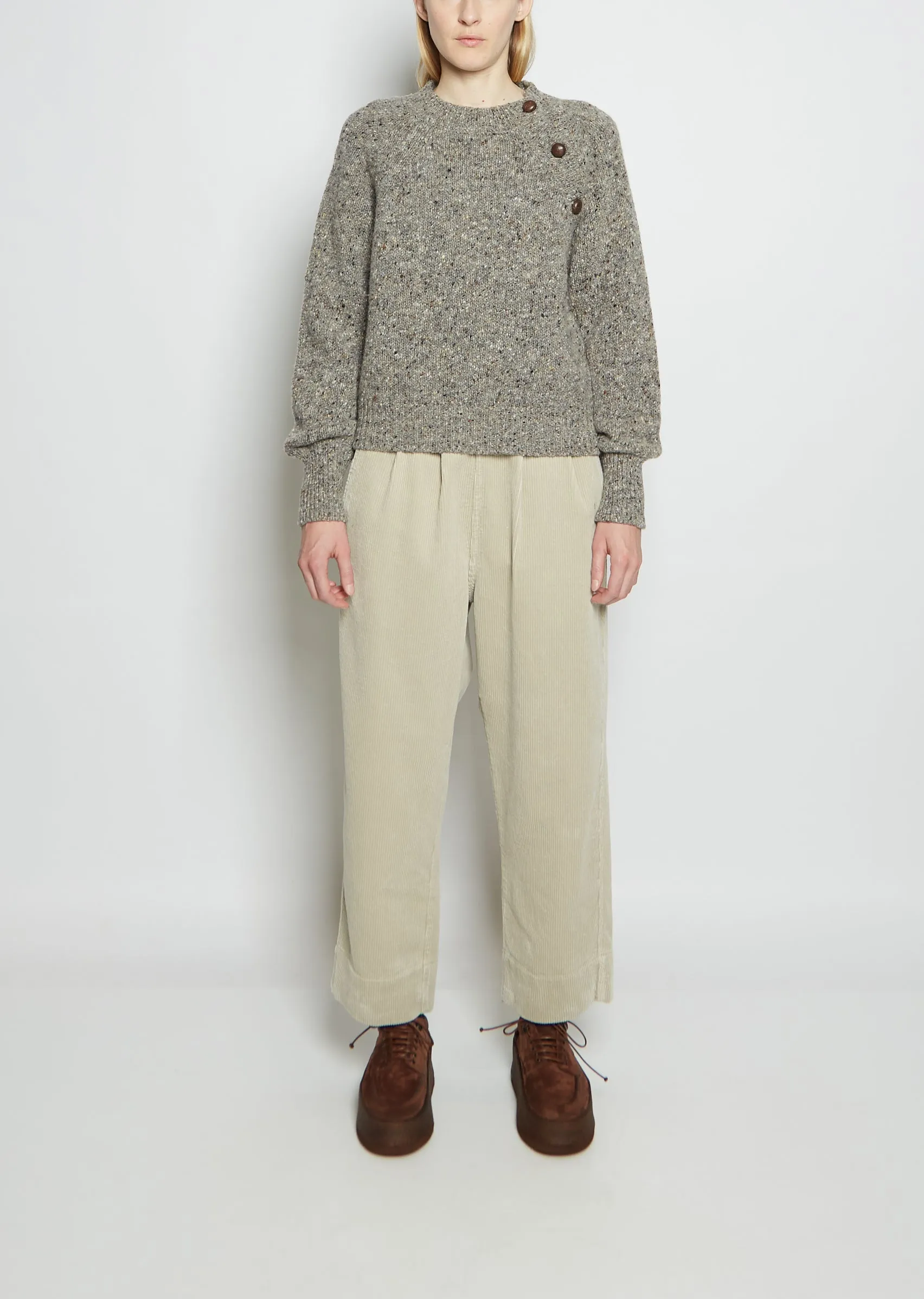 Merino Wool Button Raglan Crew Neck sold by La Garconne