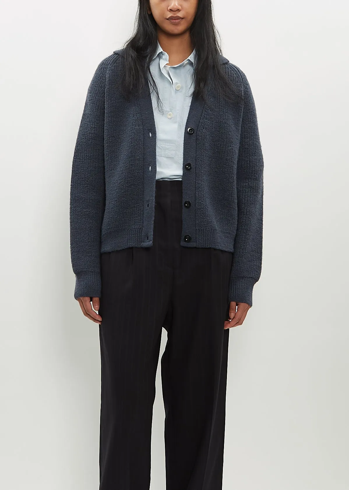 Collared Wool Rib Cardigan sold by La Garconne