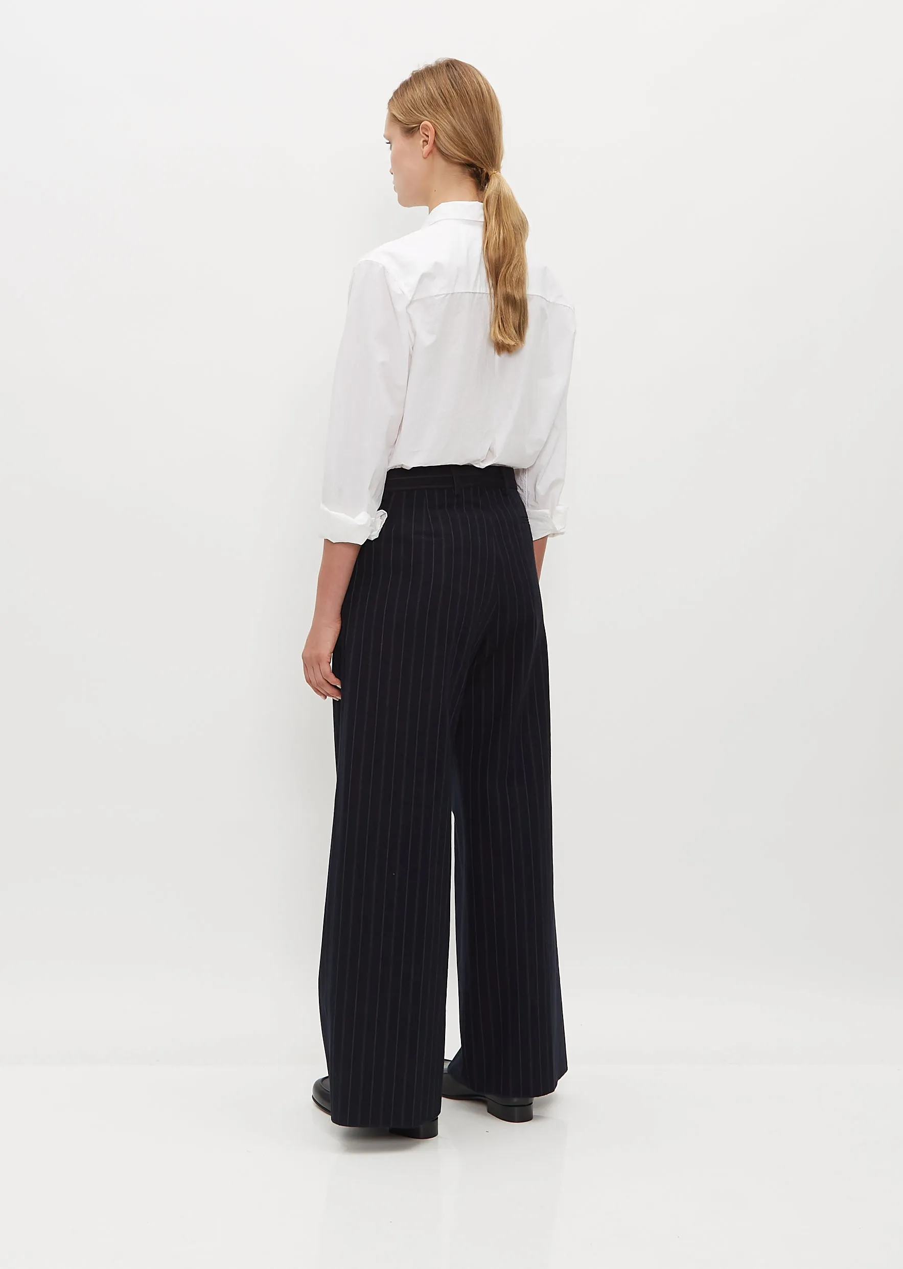 Wide Wool and Linen Farmer Pants — Navy Stripe sold by La Garconne product image thumbnail 3