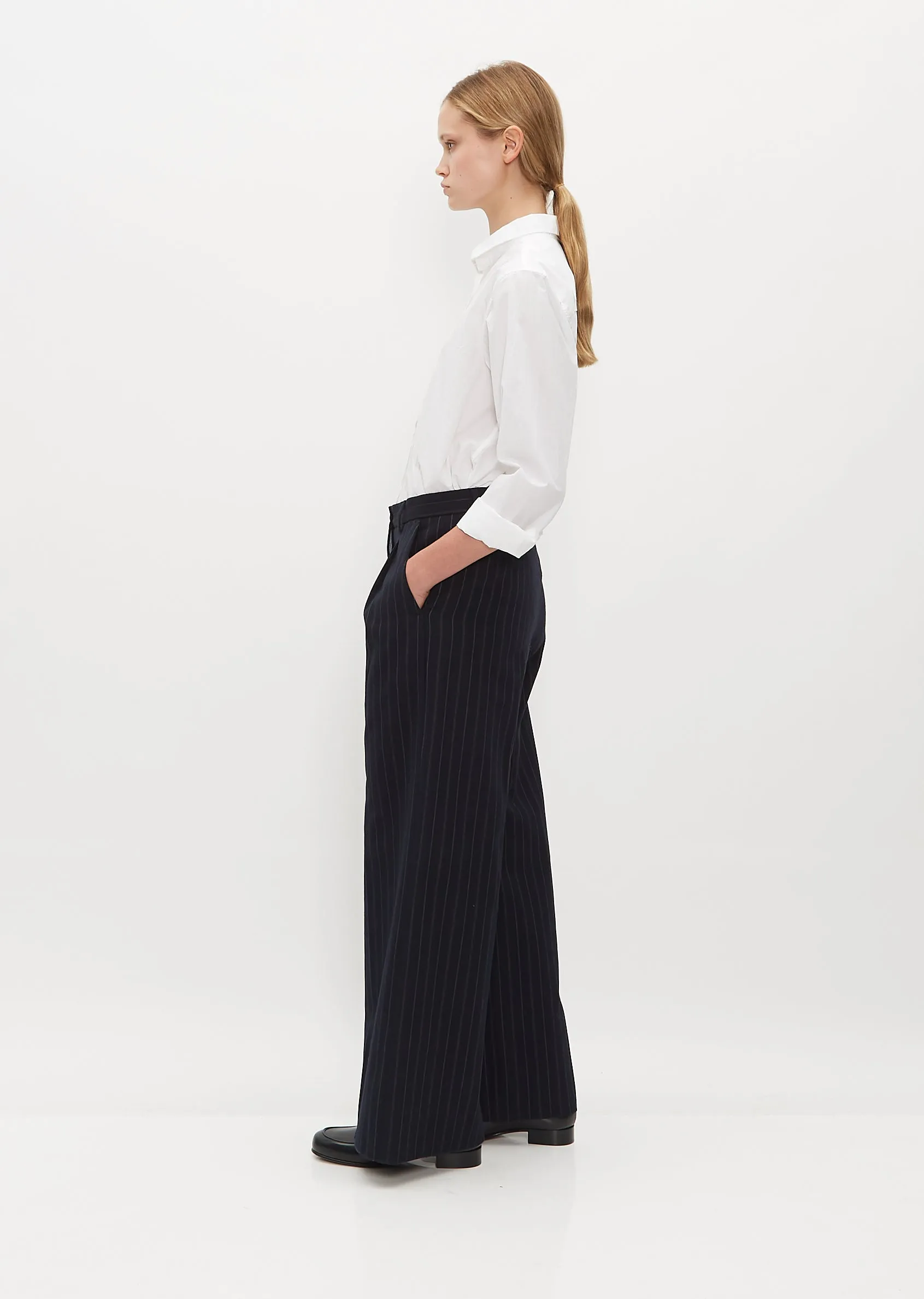 Wide Wool and Linen Farmer Pants — Navy Stripe sold by La Garconne product image thumbnail 2