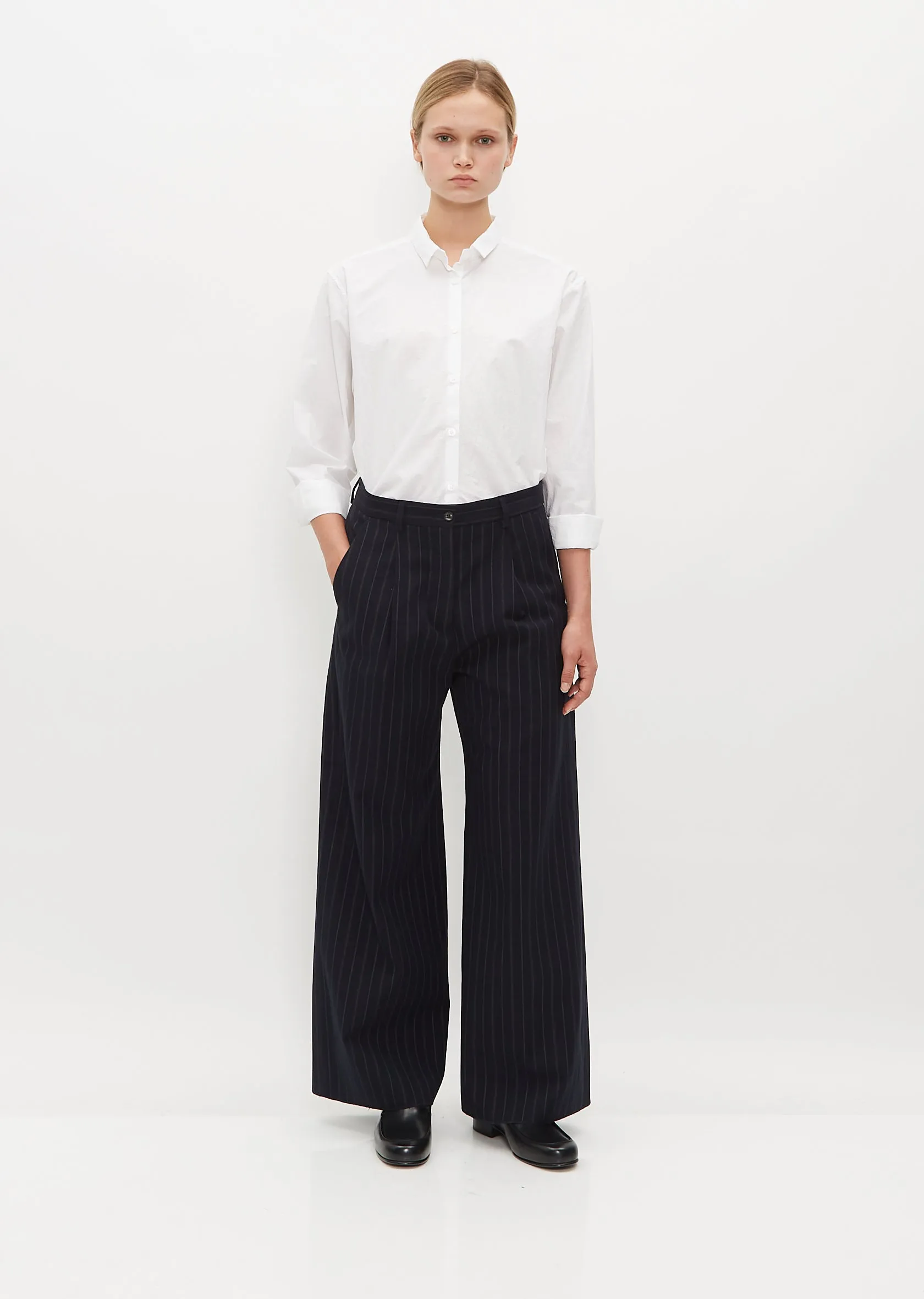 Wide Wool and Linen Farmer Pants — Navy Stripe sold by La Garconne