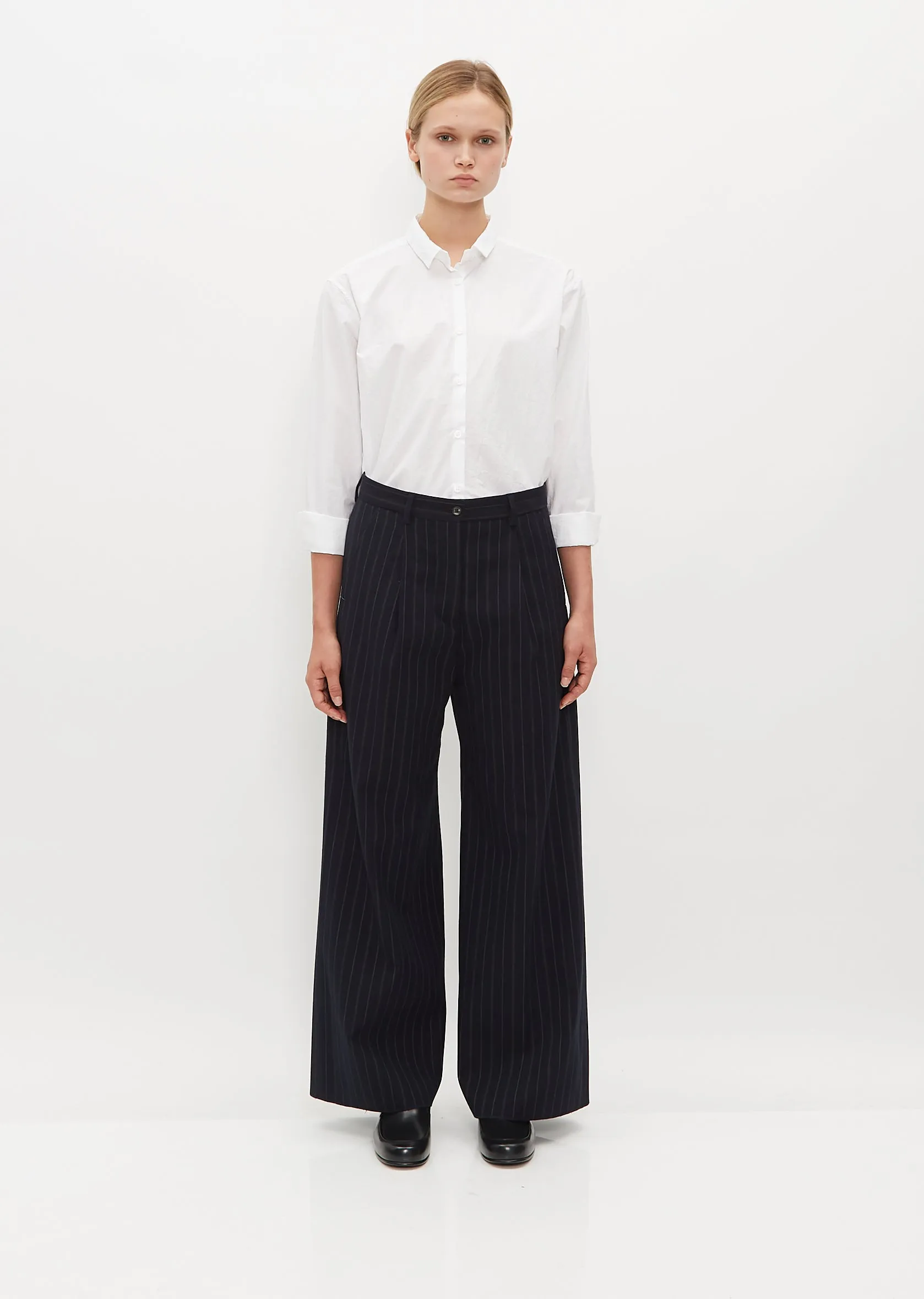 Wide Wool and Linen Farmer Pants — Navy Stripe sold by La Garconne product image thumbnail 4