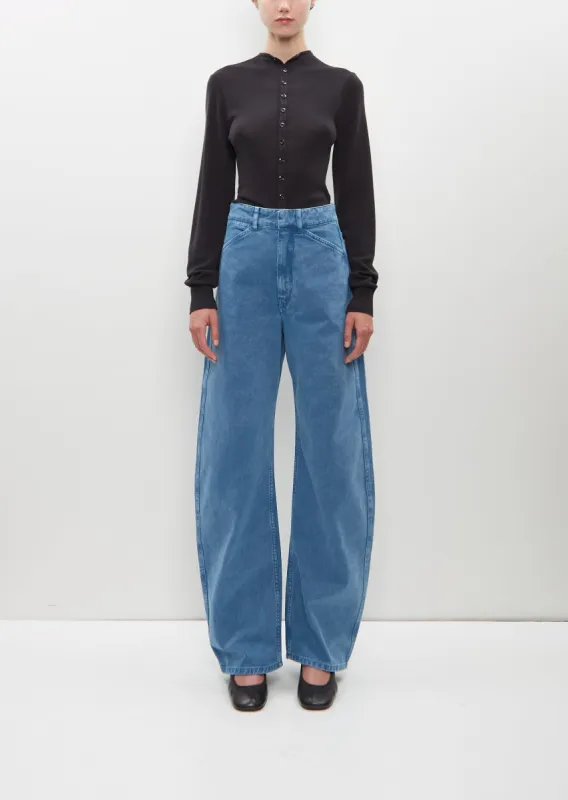 High Waisted Curved Pants — Denim Snow Blue sold by La Garconne