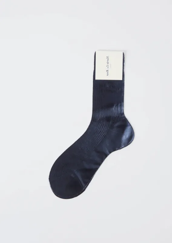 One Ribbed Laminated Socks — Navy sold by La Garconne