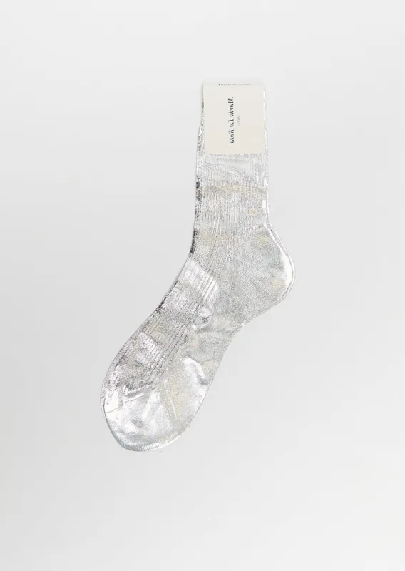 One Ribbed Laminated Socks — Silver sold by La Garconne