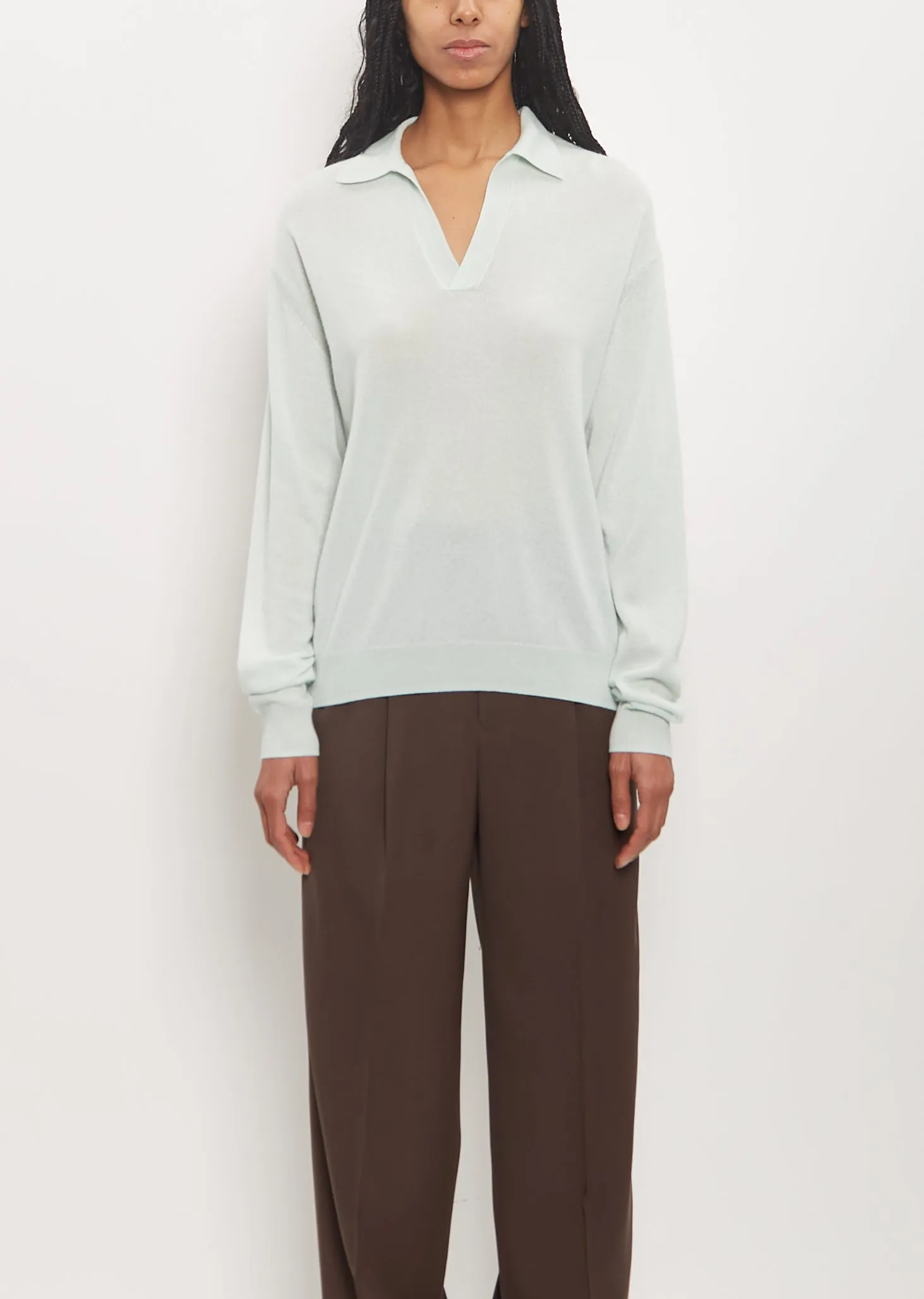 Super Fine Cashmere Silk Knit Skipper Polo — White Green sold by La Garconne