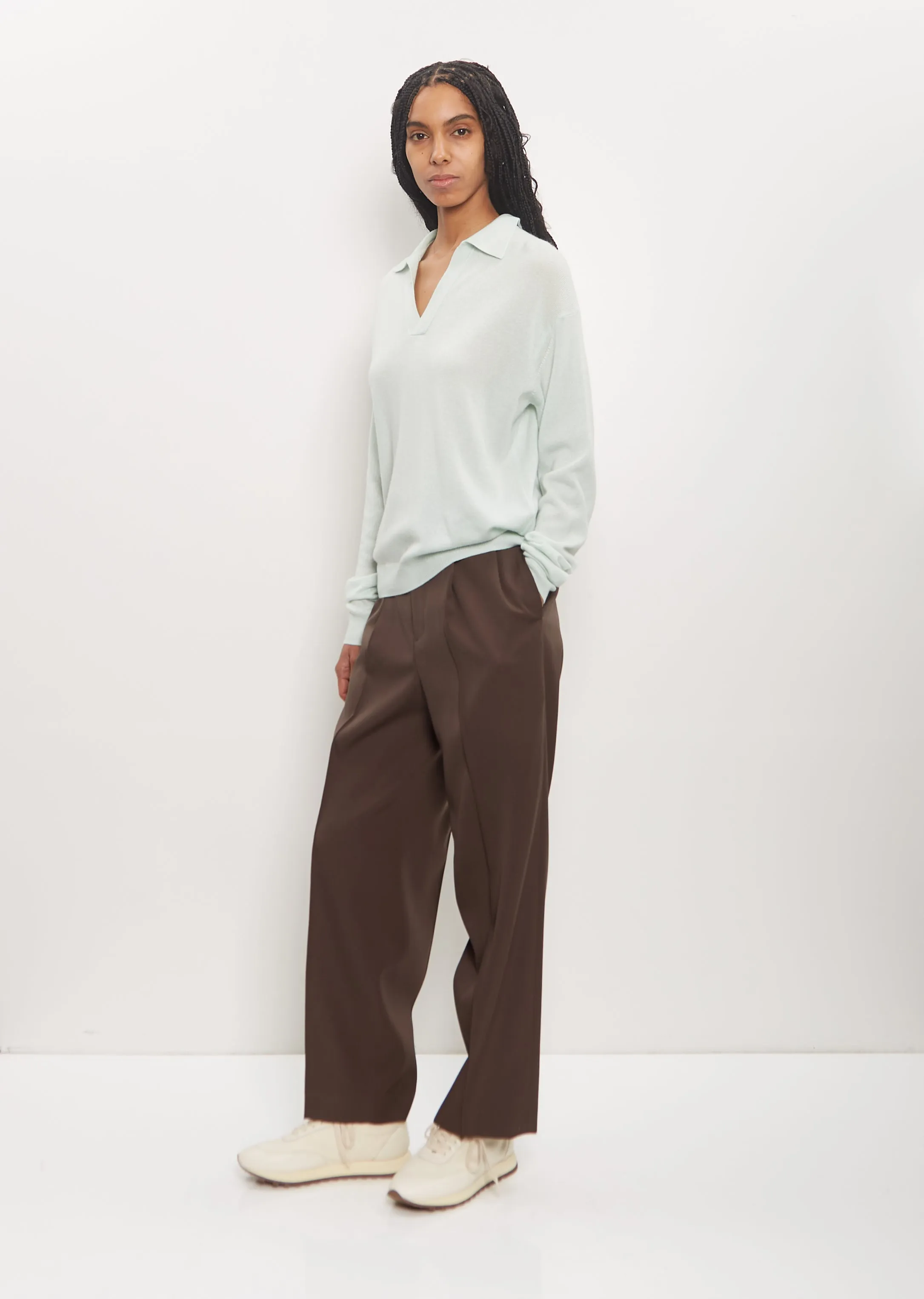 Super Fine Cashmere Silk Knit Skipper Polo — White Green sold by La Garconne product image thumbnail 5