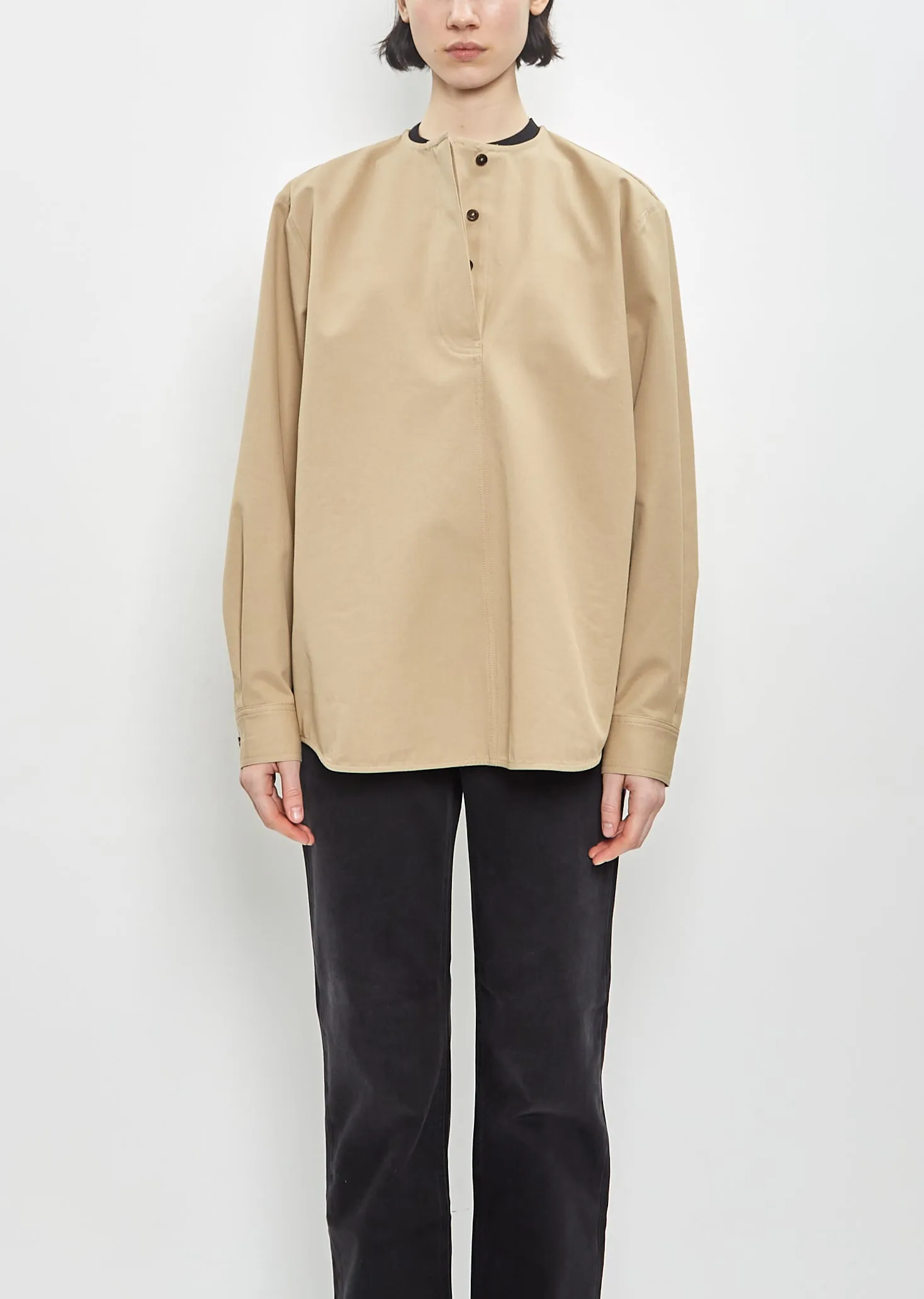 Organic Cotton Collarless Twill Shirt sold by La Garconne