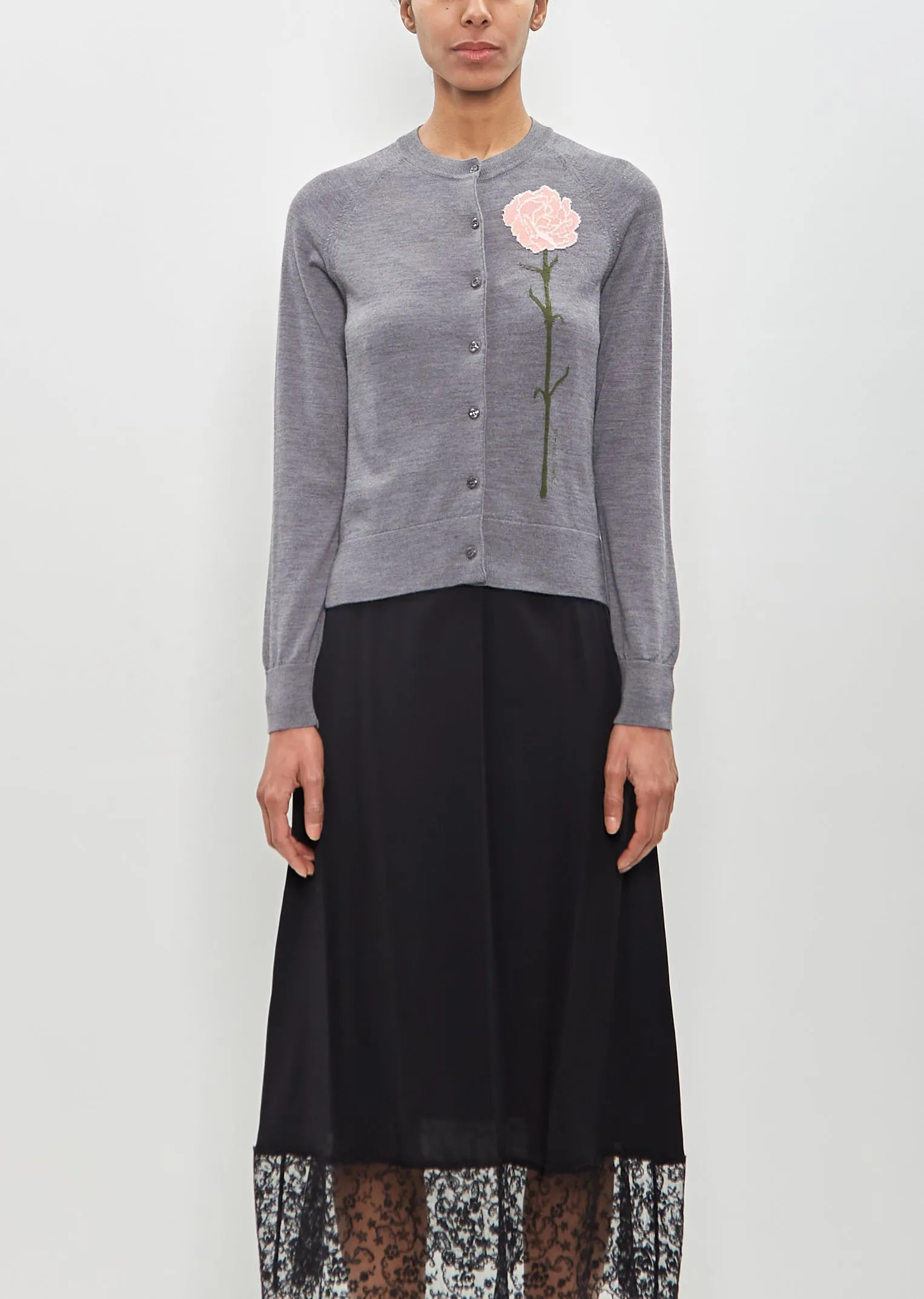 Merino Wool Silk Carnation Detail Cardigan — Pebble sold by La Garconne