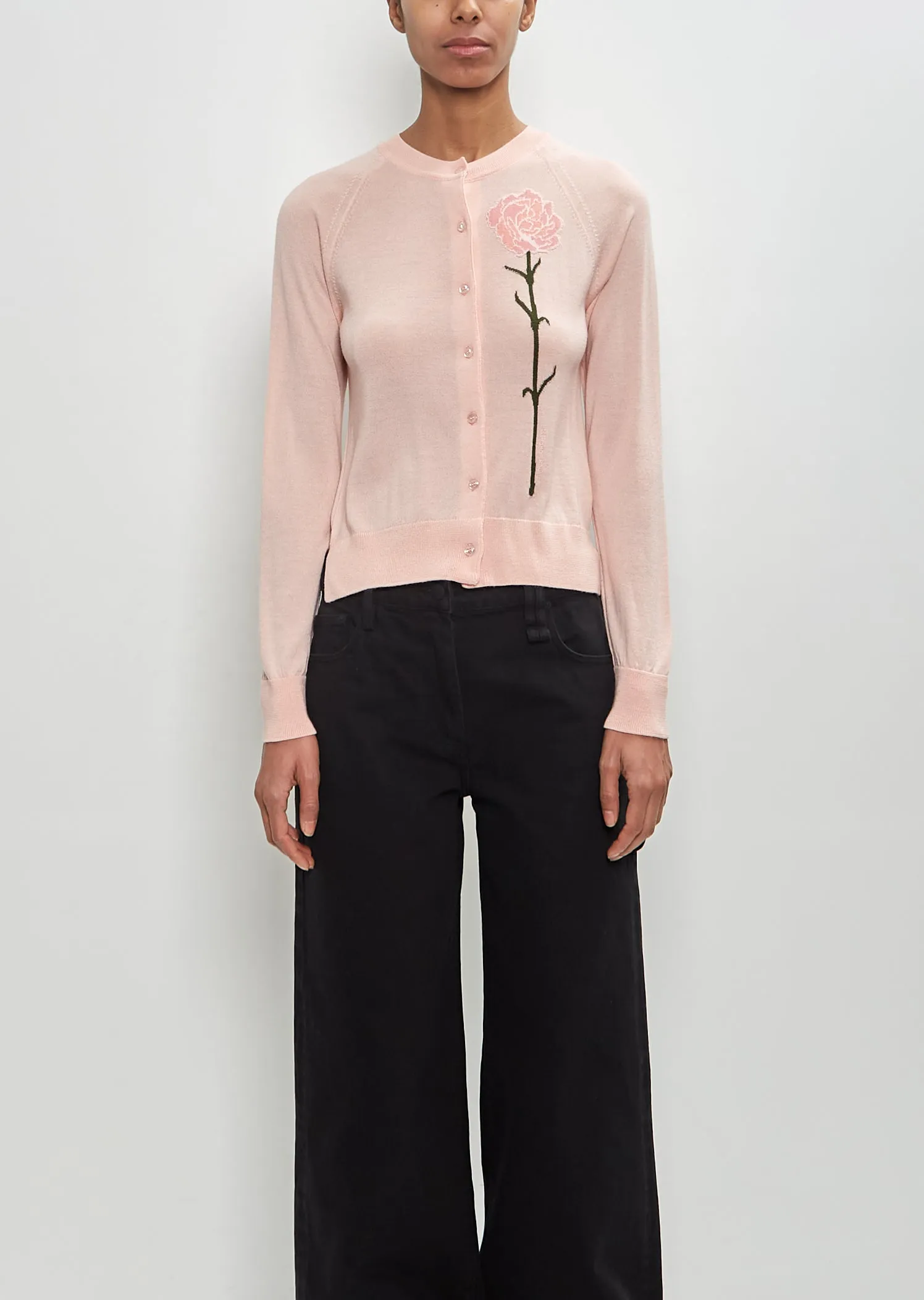 Merino Wool Silk Carnation Detail Cardigan — Pale Pink sold by La Garconne