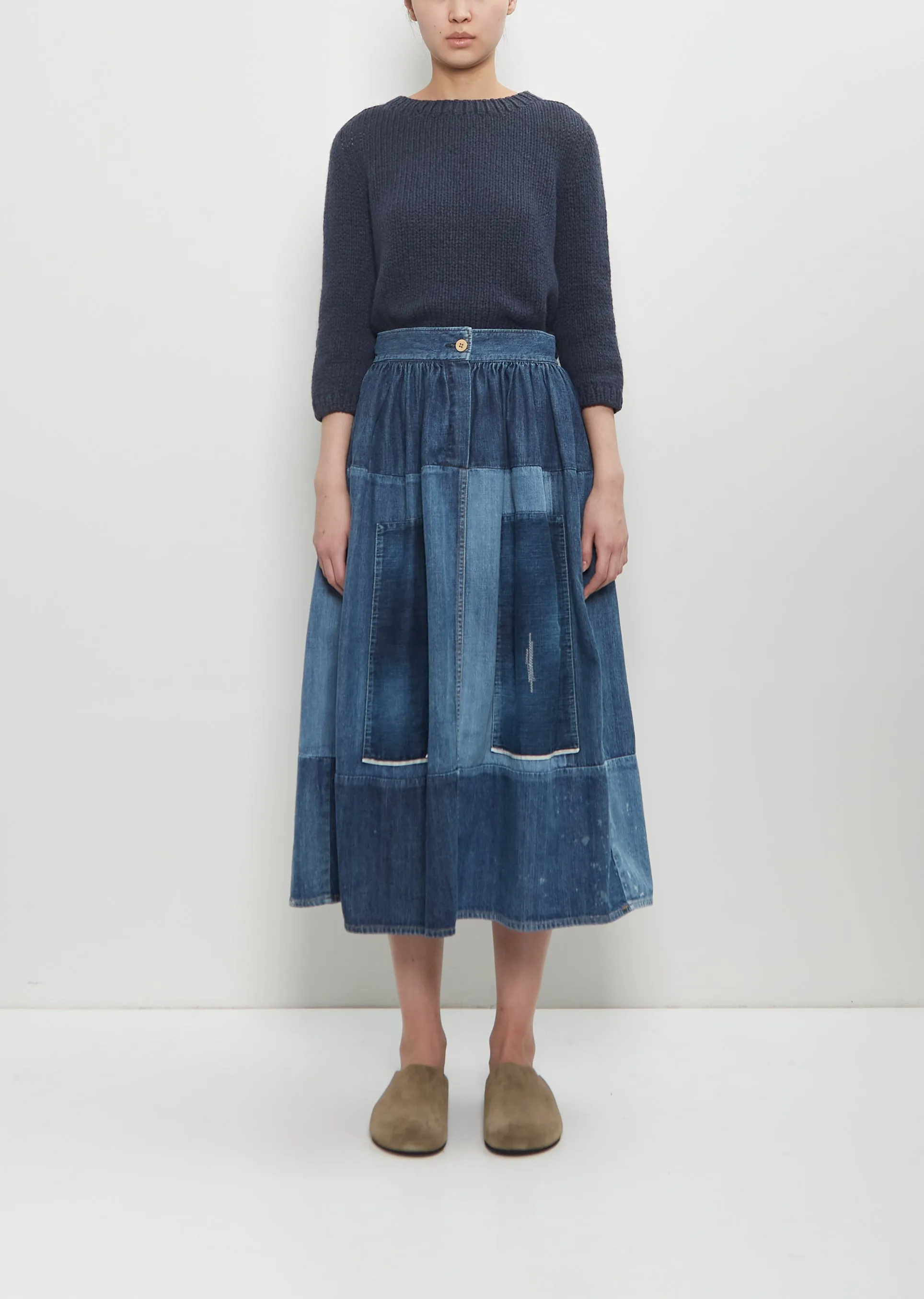 Denim Elevation Patchwork Skirt sold by La Garconne