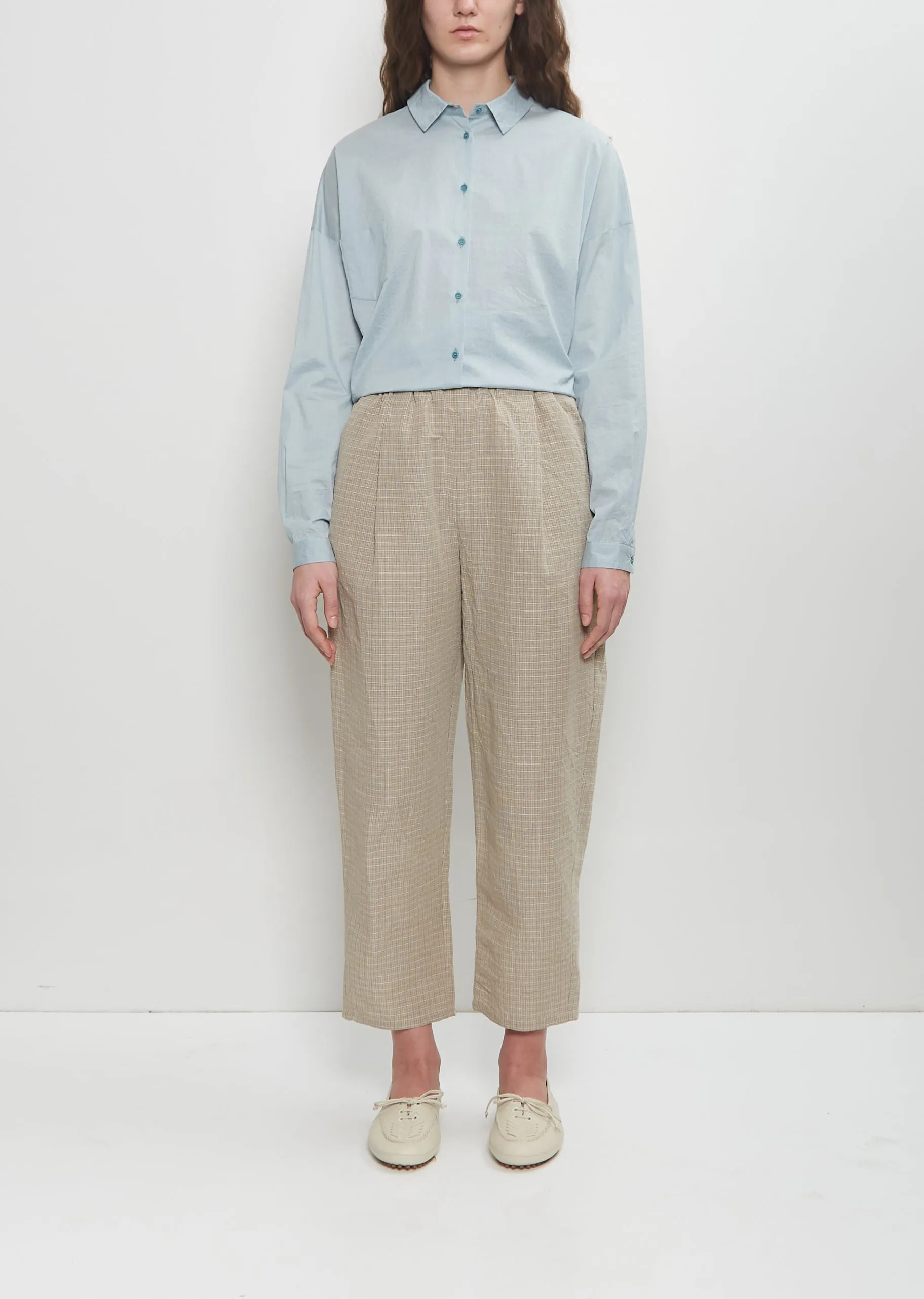 Micro Tartan Tapered Pull On Pant — Ecru sold by La Garconne