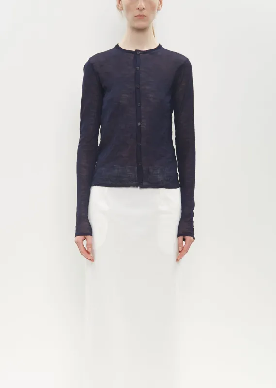 Wrinkled Wool Knit Cardigan — Navy sold by La Garconne